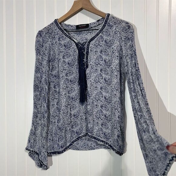 The Kooples Sunrise Blue Paisley Boho Tassel Blouse XS Romantic Bohemian Top - Picture 3 of 11